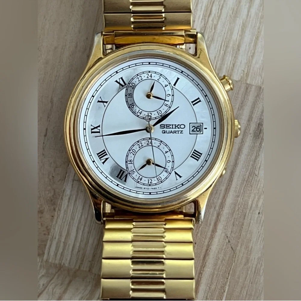 Seiko Ultra Rare 3-Time Zone Vintage Men’s Watch White Pearl Dial Date & Works